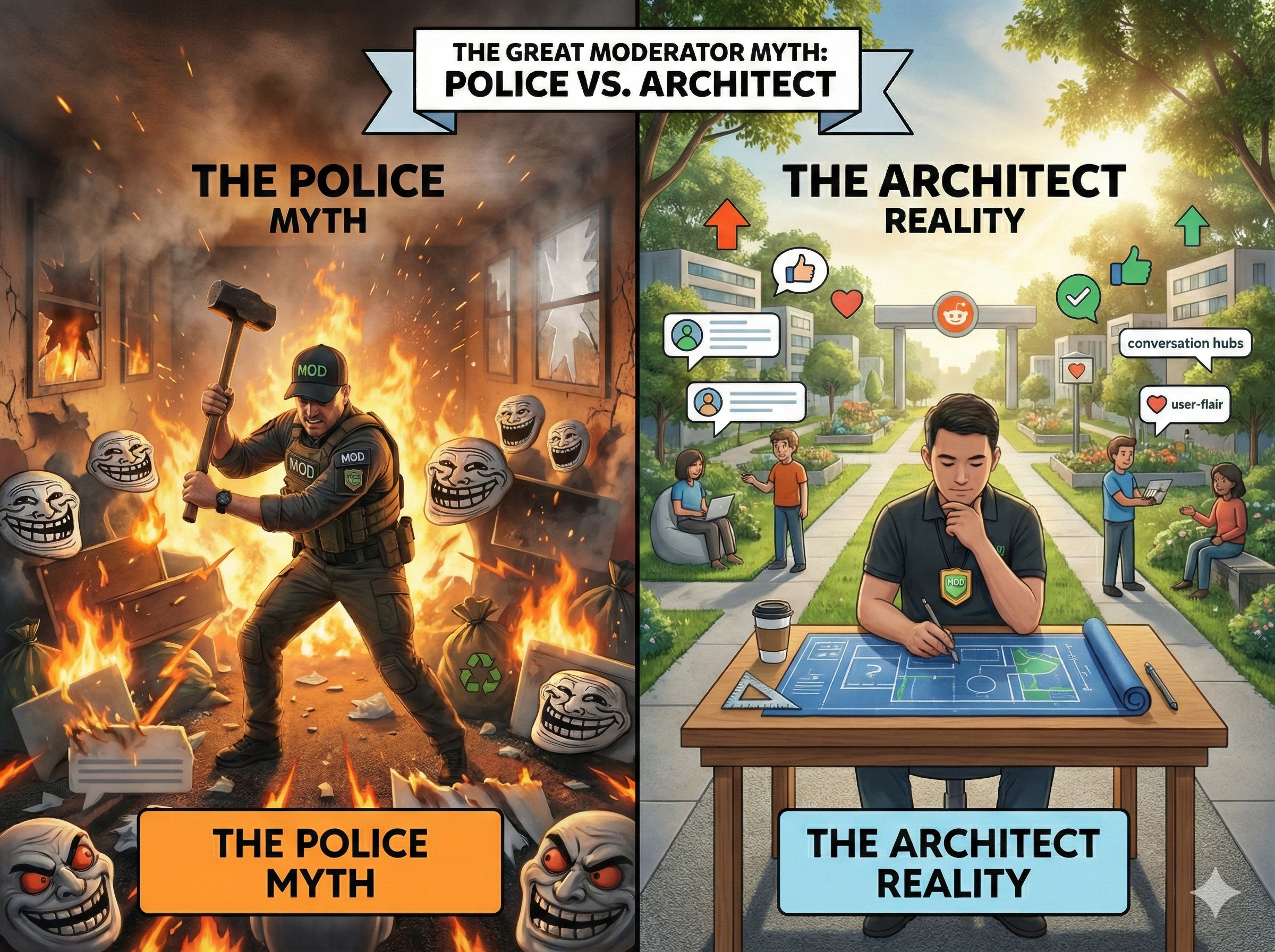 A split-screen digital illustration titled "The Great Moderator Myth: Police vs. Architect" that contrasts two fundamental approaches to community management.