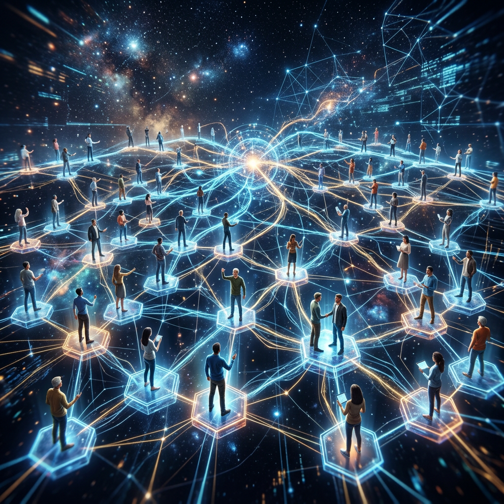 Numerous individuals standing on glowing hexagons connected by light lines in a cosmic digital network